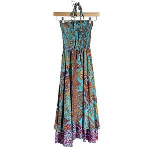 Go Gal Blue Halter Paisley Floral Print Silk Smocked Boho Maxi Dress Size XS